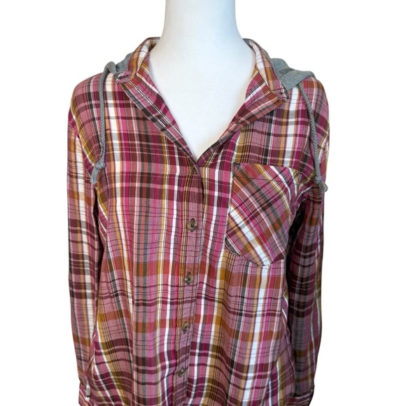 Mudd Juniors Pink Grey Multicolor Tartan Plaid Button Up Hooded Flannel Medium - Picture 2 of 10